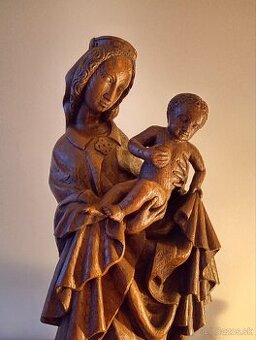 Stará z dreva vyrezávaná Madonka s dieťaťom 50 cm