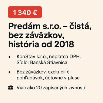 Predám s.r.o. – čistá, bez záväzkov, história od 2018