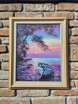 Platno,zatisie na mori s lodkou- olej na platne, Chorvatsko