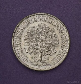 Strieborná 5 Marka 1931 F - Dub - Nádherná