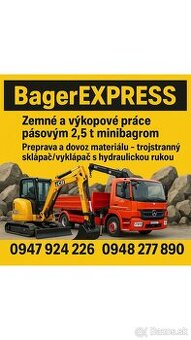 Bager, minibager – výkopové práce + preprava rukou