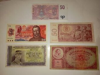 BANKOVKY 50 KČS 1929-1997, 5 RŮZNÝCH EMISÍ, VŠE NEPERFOR.