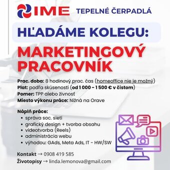 Hľadáme: Marketingový pracovník - IME Tepelné Čerpadlá
