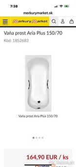 Predám Novú Vaňa prost Aria plus 150/70