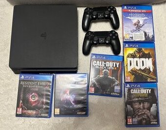 Sony PlayStation 4 Slim 1TB + 2x ovládač A 6x hier PS4