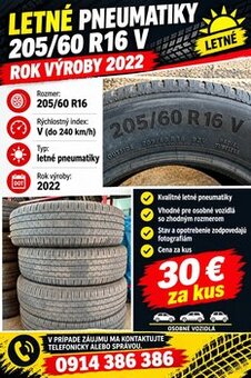 Letné pneumatiky 205/60 R16 V, rok 2022 – 30 €/ks