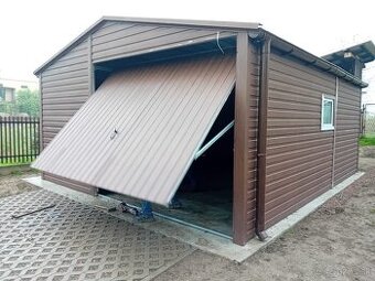 Plechová garáž 5,5 × 6 m – sedlová strecha, farba orech