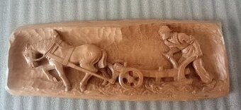 Predám drevený obraz drevorezba furman kôň