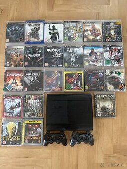 PS3 Super Slim (500gb) + 2 voládače + 23 hier
