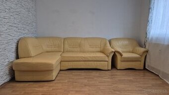 Kožená rozkladacia sedačka + kreslo