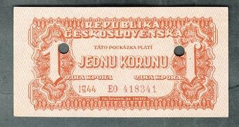 Staré bankovky 1 koruna 1944 VZÁCNÁ perforace, bezvadný stav
