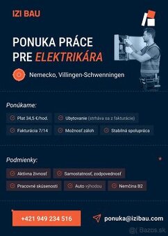 Ponuka práce - Nemecko Elektrikár