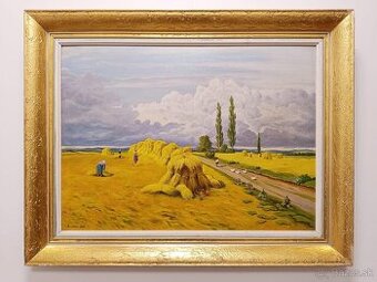 Obraz R.Satler, Žně 1966 s husopaskou, olej plátno 80x60