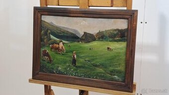 Starožitný obraz - Na pastve - olej