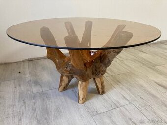 Luxusný konferenčný stolík z masívu + dymové sklo (Ø 90 cm)