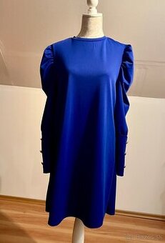 Modré šaty s nariasenými rukávmi, L