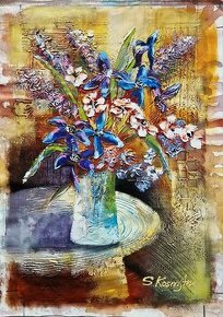 SHAUL KOSMAN - UNIKAT (olejomaľba) Modré kvety (Bez rámu) - 1
