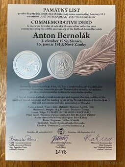 Pamätný list - 10 € - Anton Bernolák