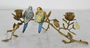 Zámecký svícen s květinami a ptáčky-porcelán+bronz