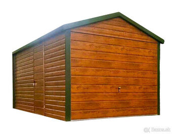 Plechová garáž 3×5, dvere, imitácia dreva, strecha dvojspád