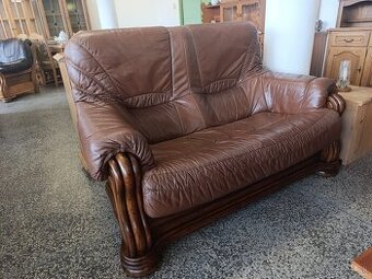 Rustikální kožená sedačka, dvousedačka, masív