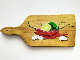 Predám maľbu chili papričiek na drevenom lopári