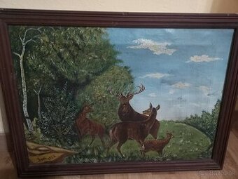 Predám: Obraz Jelene v lese (olejomaľba, signovaný 1958) Na