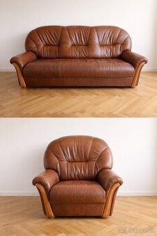 Rustikálna kožená sedacia súprava gauč + 2 kreslá