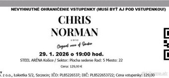2 VIP vstupenky na koncert CHRIS NORMAN & BAND