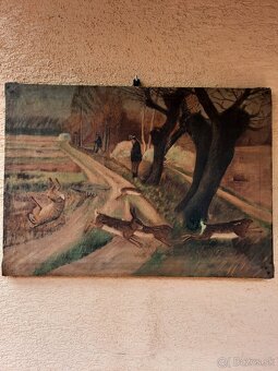 Obraz poľovnicky stará maľba na plátne rok 1935