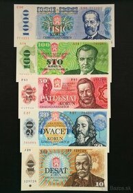 Kompletná sada bankoviek ČSSR, 1985-1989,stav N