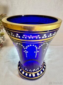 Biedermeier vaza kobaltove sklo, maľba a zlato