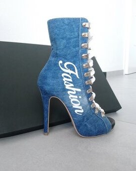 Luxusné dámske denim kotníkové čižmy s otvorenou špičkou