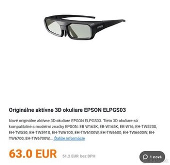 Originálne aktívne 3D okuliare EPSON ELPGS03