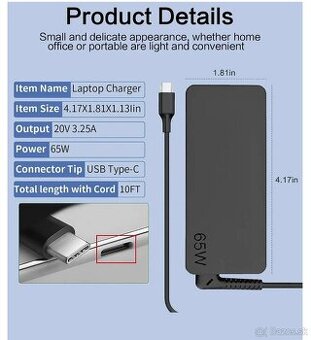 USB-C nabijacka pre notebook 20V 3.25A 65W, nova