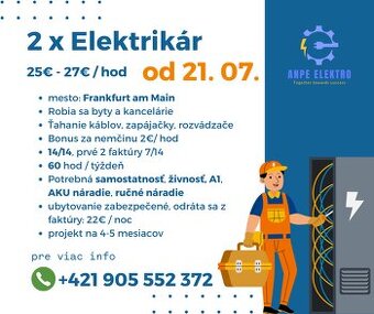 Elektrikár Nemecko - Frankfurt - 27€ - nástup 21. 07. 2025