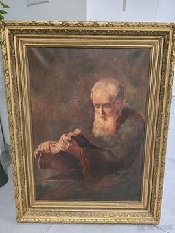 Starožitná olejomaľba – Portrét učenca v masívnom zlatom rám