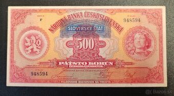 500 kč, pretlač SLOVENSKÝ ŠTAT, seria F, 1929