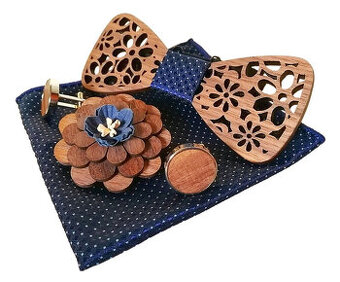 Modrý drevený motýlik  - set s brošňou