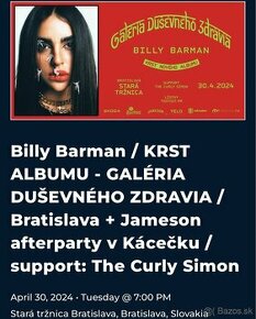 2 lístky na koncert Billy Barman - 30.4. Bratislava