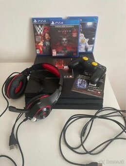 Ps4pro,ovladac,3hry,dlhsi kabel,sluchadla,kable k tv