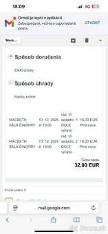 2 listky Macbeth SND Bratislava