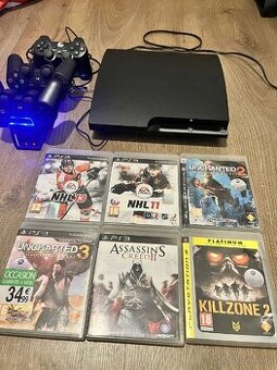 PS3 slim, 3 ovládače, hry