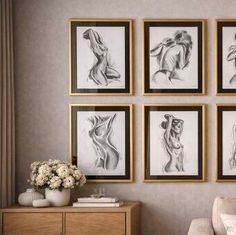 Kresby akty ceruzou v nových rámoch,skle a pasparte