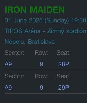 IRON MAIDEN koncert/vstupenky 2ks.