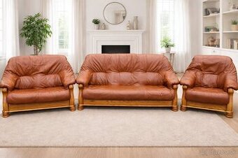 Kožená sedacia súprava 3+2+1 s masivním dubovým drevkm