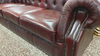 Chesterfield štýl,kožená sedačka 3+1,tmavobordová