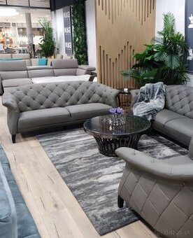 Moderné chesterfield kožené dvojsedenie - šedé