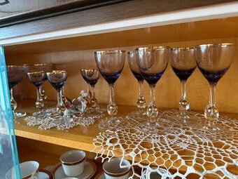 RETRO sklenené poháre – modro dymové so zlatým detailom