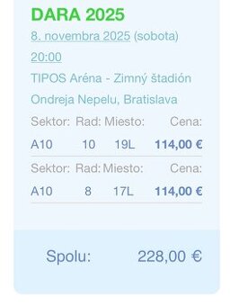 Predám 2 lístky na koncert DARY 8.11.